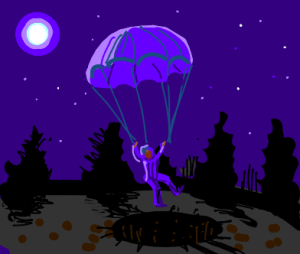  Man parachuting in hole at night