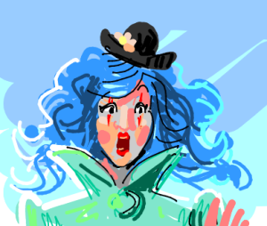 Blue haired clown girl is surprised 