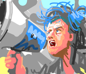 crazy blue-haired man speaking to a large MEGAPHONE