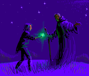 In a field on a starry night a boy gives master a green gem