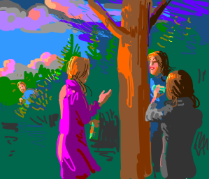 3 girls drink beer around a tree while a boy spies on them