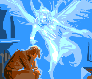 Sad man asks for angelic support, guardian angel comfort him