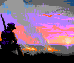 WWI soldier dark silhouette against burning fields at dawn 