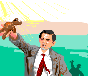 Mr Bean offers Teddy to the sun