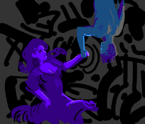 Abstract, black bg. Purple girl holds hand blue upturned man