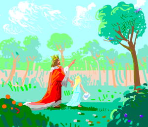 King and little princess looking for birds in the woods 