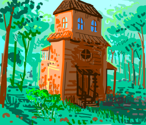 A single building in the middle of the forest