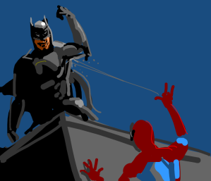 Spiderman sprays Batman's armpit with spider web