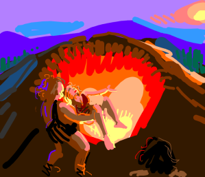 Neanderthals sacrificing a virgin by lava 
