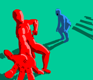 Red guy shows off his oversized right hand